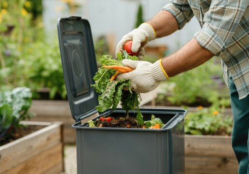 Hands composting vegetable scraps in outdoor garden bin for sustainable waste management. Sustainable living at home