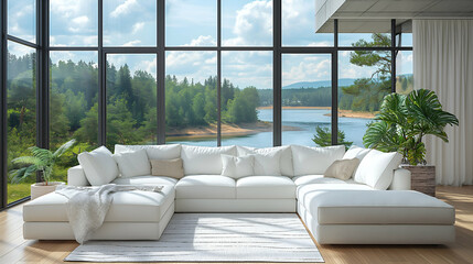 Modern White Sofa Lake View Luxury Home, Cozy Space Design with Window and Nature.