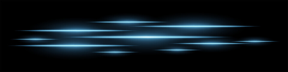 Glowing light streaks on a black background. Horizontal blue light trails creating a motion effect. Abstract speed, energy, and futuristic design element. Digital effects, technology, sci-fi themes