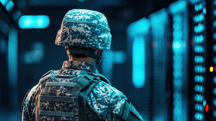 AI in Business and Industry Concept, Military personnel in data center, focused on technology and strategy