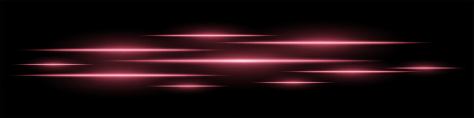 Glowing light streaks on a black background. Horizontal red light trails creating a motion effect. Abstract speed, energy, and futuristic design element. Digital effects, technology, sci-fi themes