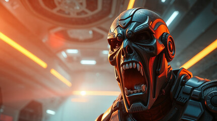 Scary robot screaming showing teeth in futuristic environment
