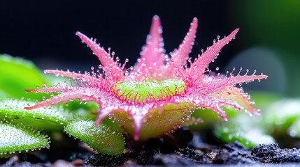 Pink dewy carnivorous plant close-up, macro shot