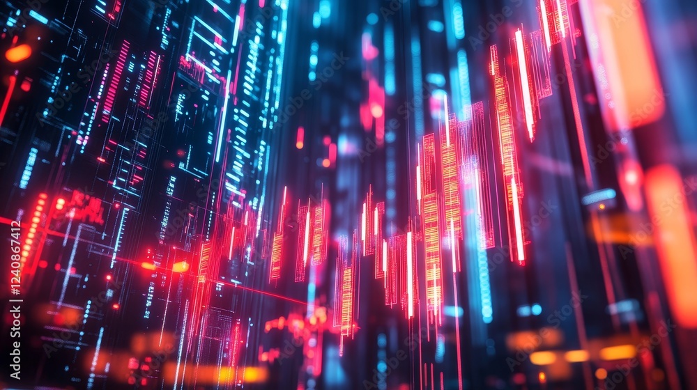 Poster dynamic data visualization virtual environment digital art futuristic cityscape neon lights tech con