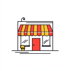 Small storefront shop, red door, awning, plant, website icon