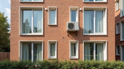 Fototapeta premium Modern Brick Building with Multiple Windows and AC Unit