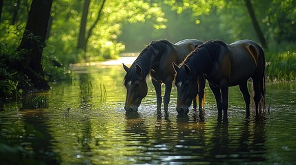 Fototapeta premium Two Dark Horses Drink From Forest Stream