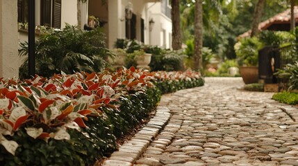 Naklejka premium Winding stone path, lush garden, tropical villa, tranquil background. Ideal for travel brochures