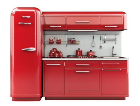 Two shining red refrigerators, a bold statement in kitchen appliances two