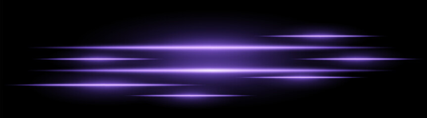 Abstract glowing light streaks on a black background. Bright horizontal purple beams create a speed and motion effect. Suitable for technology, sci-fi, digital energy, and futuristic themes