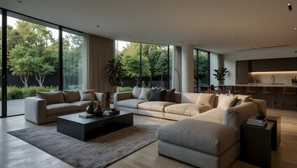 Bright Modern Living Room with Multiple Couches, Large Rug, and Black Coffee Table Framing Lush Greenery

