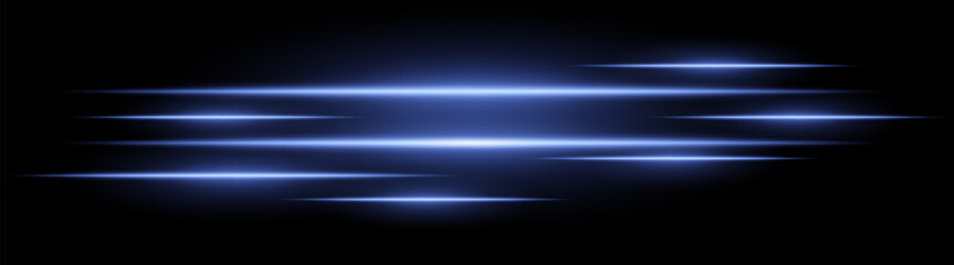 Abstract glowing light streaks on a black background. Bright horizontal blue beams create a speed and motion effect. Suitable for technology, sci-fi, digital energy, and futuristic themes