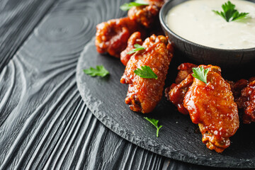 delicious buffalo wings on a stone plate on a black wooden rustic background