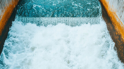 Water flows rapidly down a concrete channel during the day at an industrial site, showcasing the movement and power of nature in an urban environment