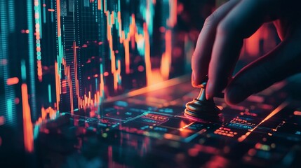 Strategic moves in digital chess a hand manipulates a chess piece amidst vibrant data visualizations futuristic environment high-tech close-up perspective