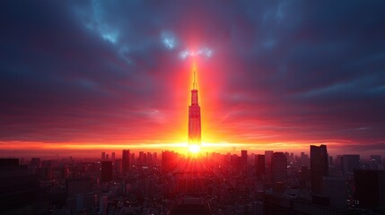 Naklejka premium Tokyo skyscraper sunrise, city skyline, fiery dawn, urban landscape, business
