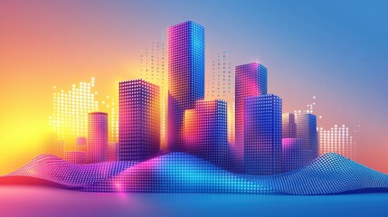 Colorful Digital Cityscape with Abstract Pixelated Design Elements