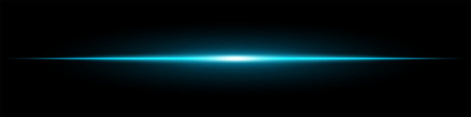 Bright blue horizontal light beam on a black background. Glowing laser effect creating a futuristic and sci-fi aesthetic. Suitable for technology, energy, speed, and digital design themes