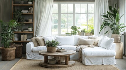 Cozy and Modern Living Room with White Sofa and Green Plants