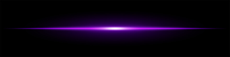 Obraz premium Bright purple horizontal light beam on a black background. Glowing laser effect creating a futuristic and sci-fi aesthetic. Suitable for technology, energy, speed, and digital design themes