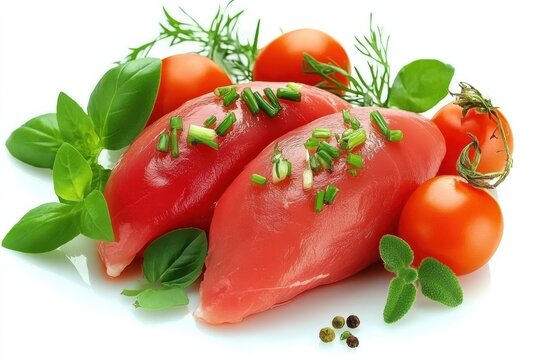 Fresh Chicken Breast with Cherry Tomatoes and Herbs on White Background, Perfect for Healthy Cooking and Culinary Arts, Promoting Fresh Ingredients and Nutrition
