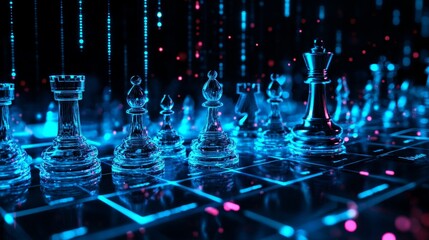 Strategic showdown chess game in a high-tech environment futuristic setting digital art illuminated board abstract concept for strategy enthusiasts