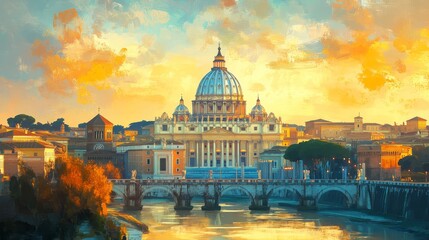 Fototapeta premium St. Peter Basilica in Rome Poster Ilustration Travel Print Decor Gift Paper Canvas Wall Retro Art