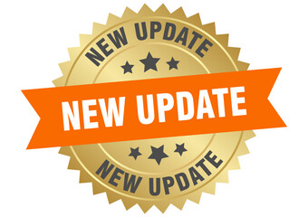 new update. new update round orange and gold label isolated on transparent background