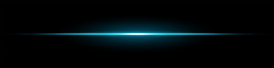 Bright blue horizontal light beam on a black background. Glowing laser effect creating a futuristic and sci-fi aesthetic. Suitable for technology, energy, speed, and digital design themes