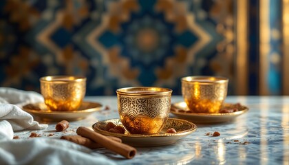 Golden Ornate Coffee Cups with Cinnamon and Dates