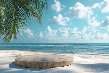Empty wooden podium resting on pristine sandy beach, framed by swaying palm trees and a backdrop of crystal-clear turquoise ocean under a sunny sky, creating a serene tropical paradise