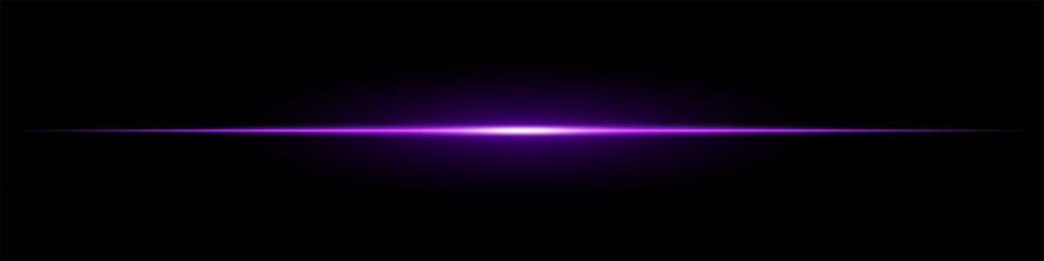 Obraz premium Bright purple horizontal light beam on a black background. Glowing laser effect creating a futuristic and sci-fi aesthetic. Suitable for technology, energy, speed, and digital design themes