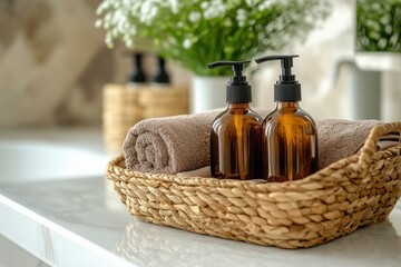 Two amber soap dispenser bottles and rolled-up towels sit in a wicker basket on a bathroom vanity, creating a serene spa-like atmosphere with a blurred background of white flowers