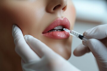 Doctor wearing medical gloves performing lip augmentation by injecting filler into female lips with a syringe, enhancing beauty through cosmetic surgery for fuller, plumper lips