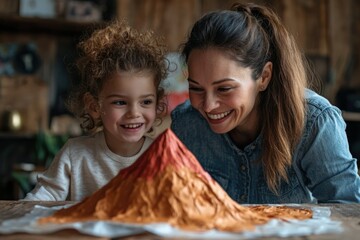 A mother and daughter joyfully examine their collaborative creation, a model volcano.