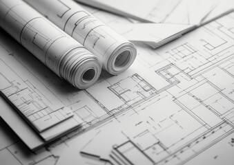 Three rolls of blueprints are stacked on a white surface