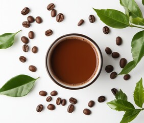 Obraz premium A beautifully designed coffee cup on a saucer with beans and leaves