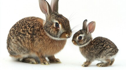 Adorable rabbit family with a mother and baby against white background