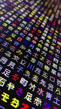三原色・コンピュータ空間のランダムな文字列・さまざまな文字を含むデータベース・エンコードされたプログラム内のデータセット・数学的計算・大規模言語モデル・機械翻訳・日本語・縦長・ビデオ
