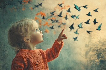 A toddler in an orange sweater reaches toward a flock of birds, symbolizing dreams and aspirations.