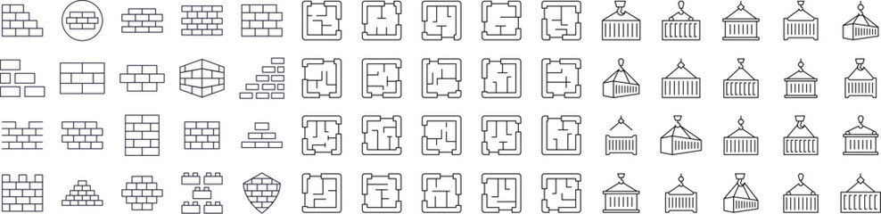 Collection of Brick Wall, Floor Plan, Building Related Line Icons. Outline Signs for Graphic and Web Design, Apps, Adverts, Various Cards