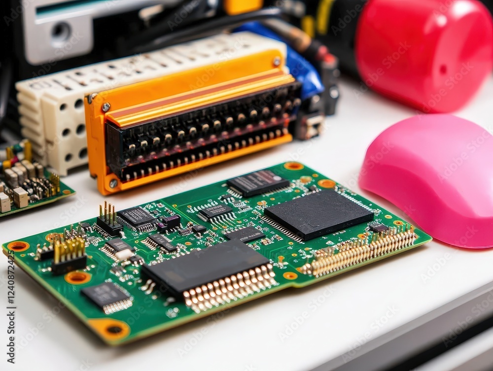 Poster disassembled circuit boards on clean white background for tech and electronics related visuals