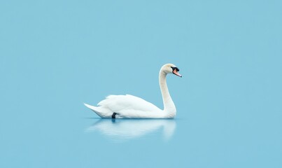 Fototapeta premium A beautiful white swan gracefully swims in the calm water on a blue background