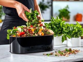 Fresh Vegetable Scraps for Composting in a Sleek Black Container against a Clean White Background