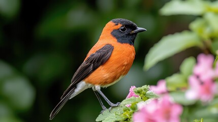 Fototapeta premium Orange bird perched on pink flowers, garden background, nature wildlife photo