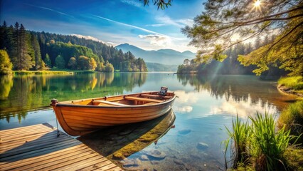 Fototapeta premium Vintage style wooden boat docked on the shore of a serene lake on a bright sunny day, calm waters, serene lake, rustic charm, shore, peaceful scene