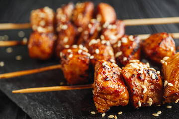 delicious juicy Japanese yakitori skewers on a black wooden rustic background