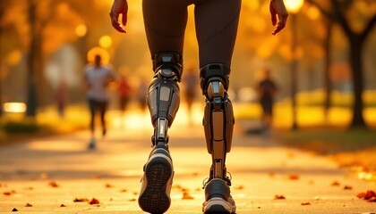 Woman with Prosthetic Legs Walking in Autumn Park