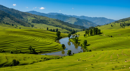 Fototapeta premium Serene Landscape: Picturesque River Winding Through Lush Green Rice Terraces and Majestic Mountains Under a Vivid Blue Sky