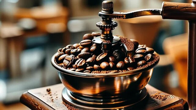 A close-up of a coffee grinder with beans, evoking a cozy morning vibe.